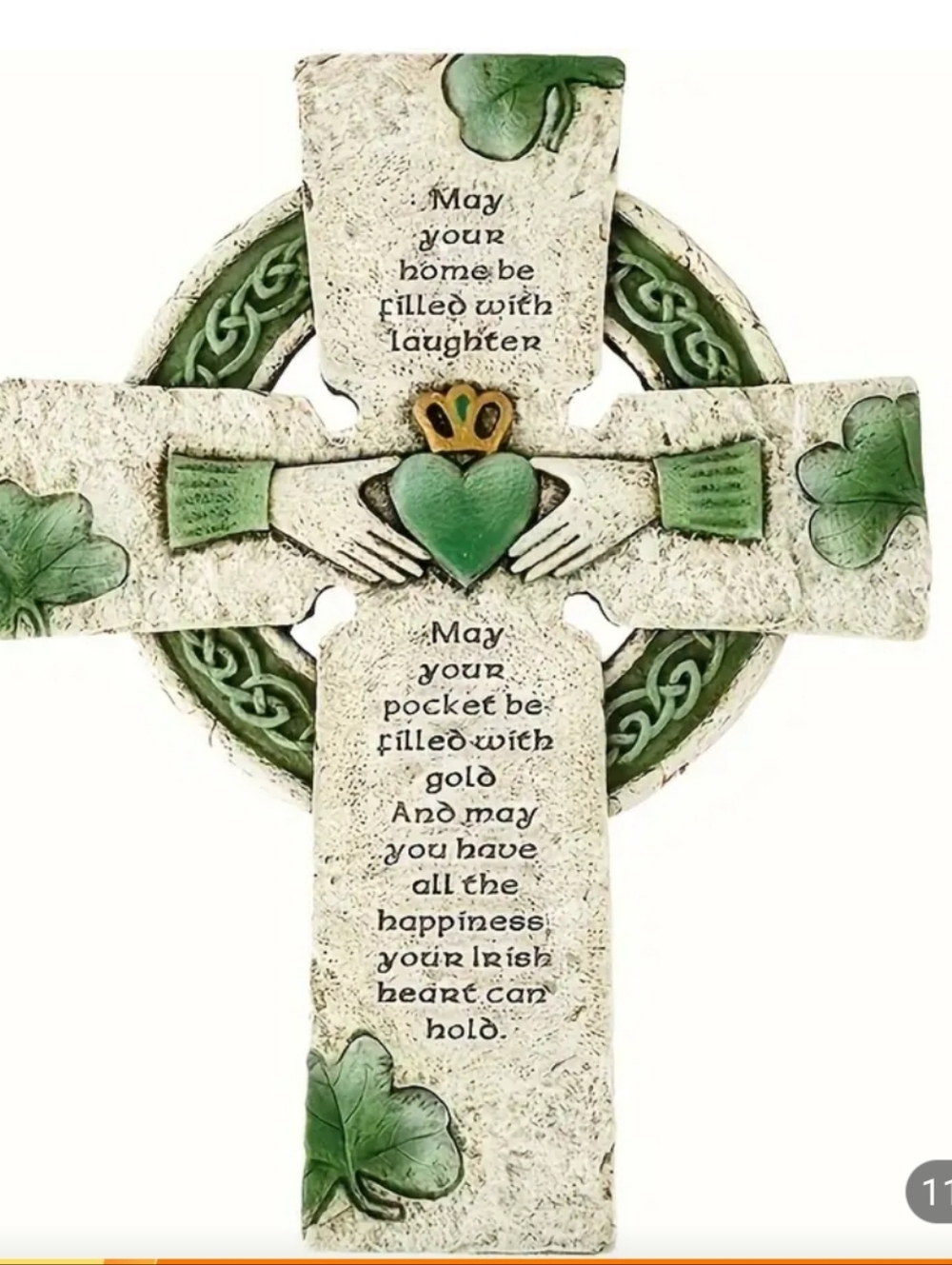 Irish Claddagh Celtic Cross Wall Plaque with Green Shamrocks